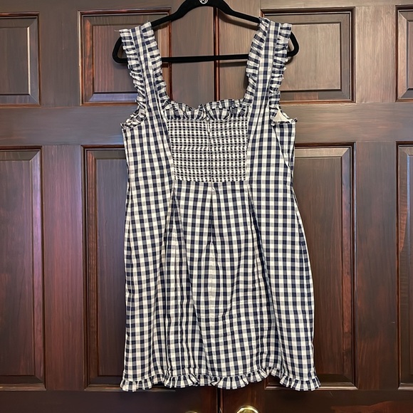 J.Crew, size 12, navy and white gingham, ruffled mini dress - Picture 2 of 9